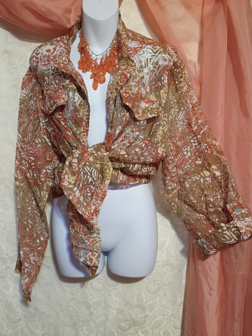Ruby Rd. Ladies Coral and Tan Printed Sheer Button Down Shirt Sz 22W